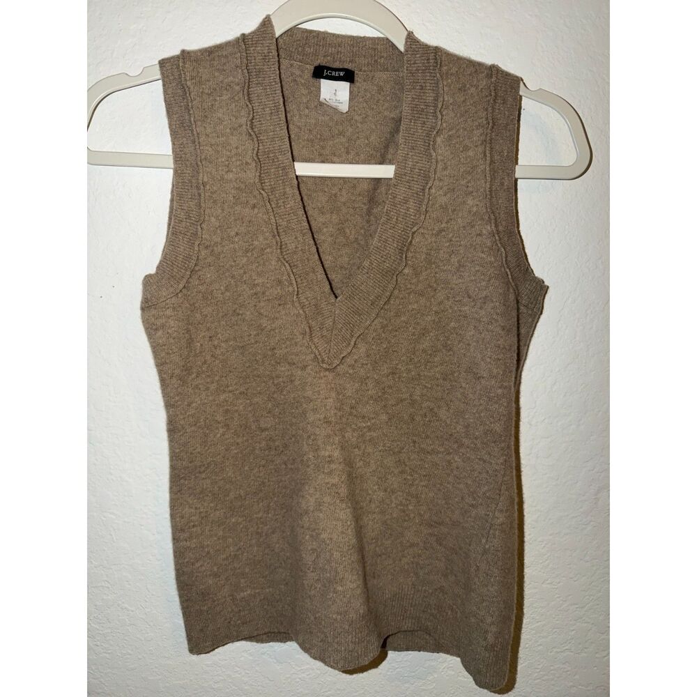 J.Crew Wool Knit Sweater Vest Size S Tan Brown V-Neck Pullover Classic Warm